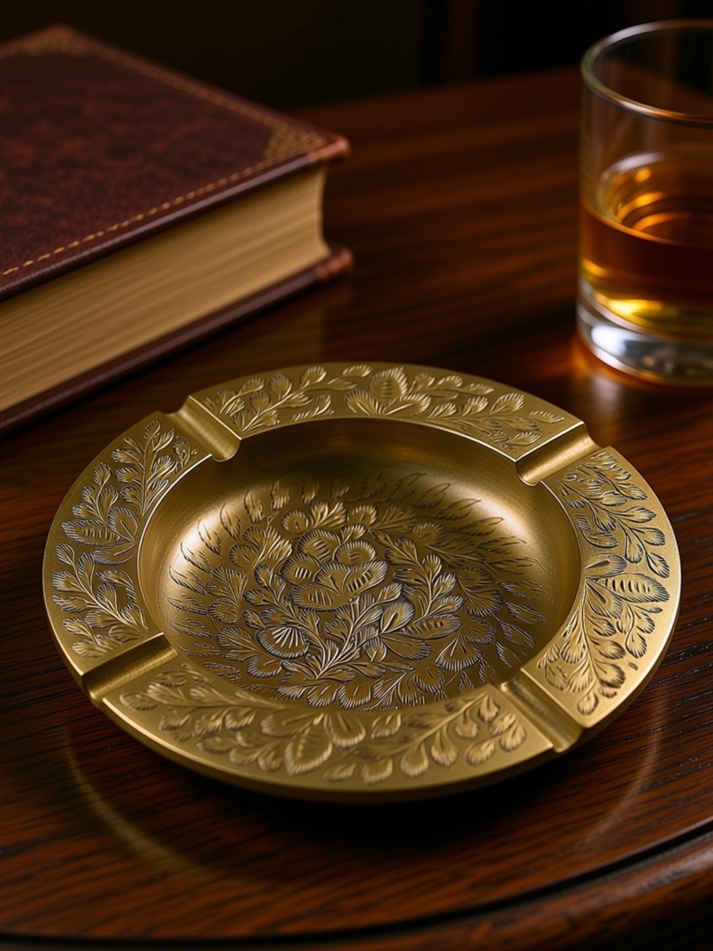 Brass Floral Engraved Ashtray - Gold Decorative Home Dining Accent Made in India